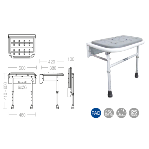 PROCare Ltd GO Pro Grey Pad PCSS1PG Wall Mounted Folding Seat c/w Legs