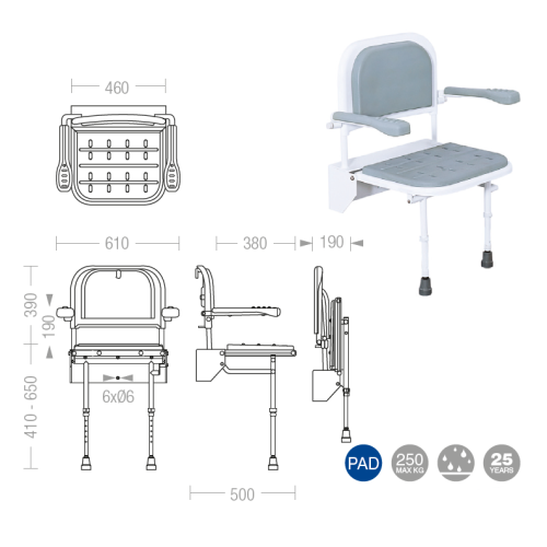 PROCare Ltd GO Pro PCSS3P GREY PREMIER SHOWER SEAT, ARMS/BACK REST
